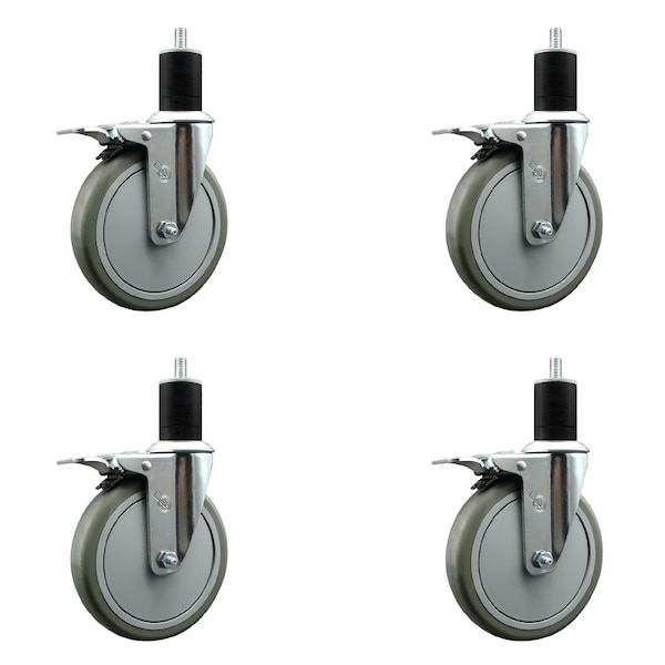 6'' Gray Poly Swivel 1-3/4'' Expanding Stem Caster Set Total Lock Brake, 4PK